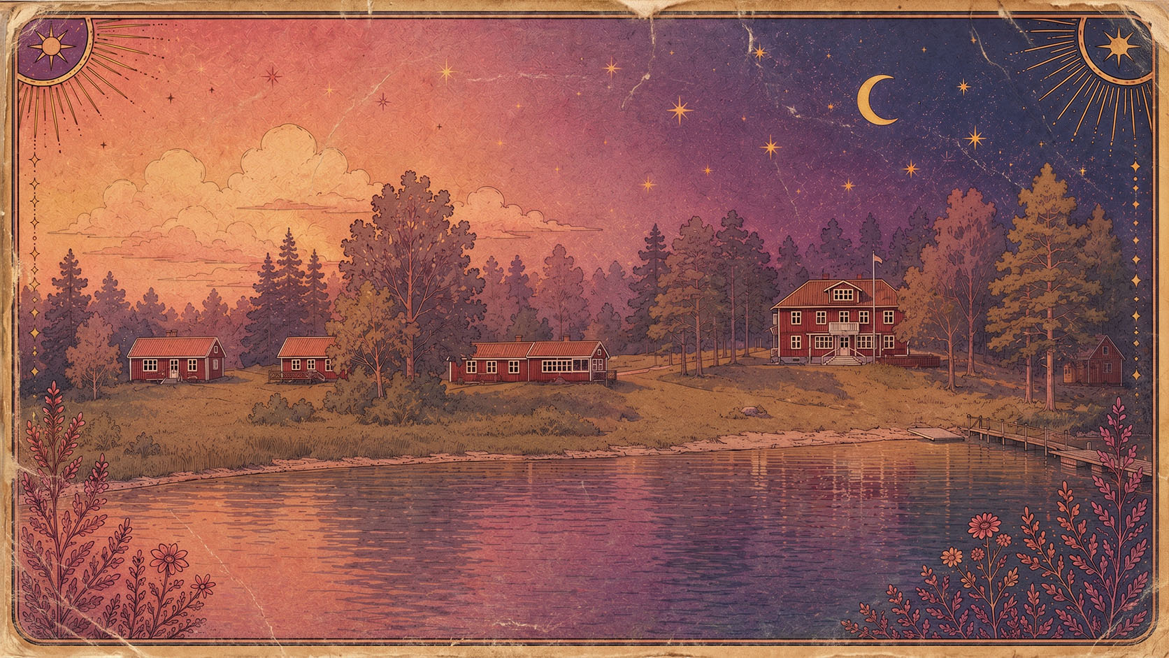 Red Swedish cabins by the archipelago at twilight